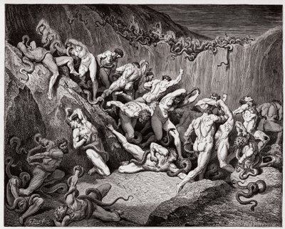 İlahi Komedya (La Divina Commedia, La Divine Comedie), Cehennem, Canto 24: Yılanlar tarafından işkence gören hırsızlar - Dante Alighieri (1265-1321) - Gustave Dore tarafından yapılan illüstrasyon (1832-1883) by Gustave Dore