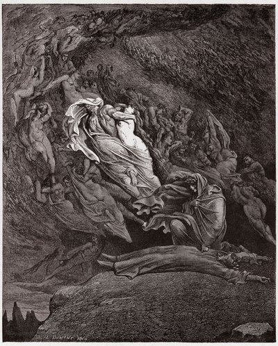 İlahi Komedya (La Divina Commedia, La Divine Comedie), Cehennem, Canto 5: Francesca ölümünü anlatıyor - Dante Alighieri (1265-1321) - Çizim Gustave Dore (1832-1883) by Gustave Dore