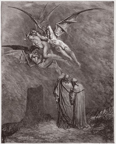 İlahi Komedya (La Divina Commedia, La Divine Comedie), Cehennem, Canto 9: Korkunç Erinyes: Megaera, Tisphone, Alecto - Dante Alighieri (1265-1321) - Çizim Gustave Dore (1832-1883) by Gustave Dore