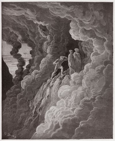 İlahi Komedya (La Divina Commedia, La Divine Comedie), Purgatorio, Canto 16: Marco Lombardo, şairleri dumanın içinden takip ediyor - Dante Alighieri (1265-1321) - Gustave Dore