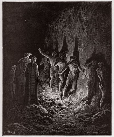 İlahi Komedya (La Divina Commedia, La Divine Comedie), Purgatorio, Canto 25: Yedinci dairede ateşin içinden şehvetli geçiş - Dante Alighieri (1265-1321) - Gustave Dore
