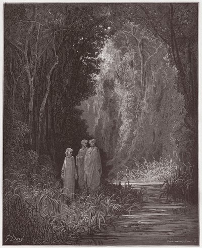 İlahi Komedya (La Divina Commedia, La Divine Comedie), Purgatorio, Canto 28: Karasal cennetin eski ormanında Dante, Virgil ve Statius - Dante Alighieri (1265-1321) - Çizim Gustave Dore (1832-1883) ) by Gustave Dore