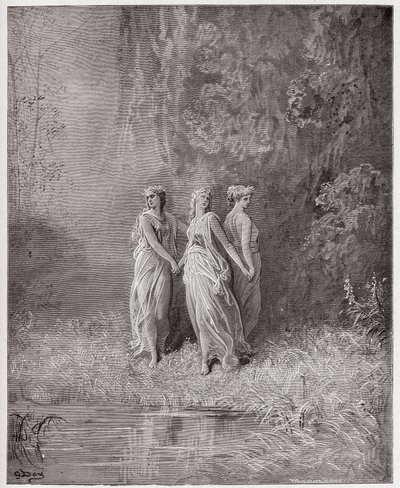 İlahi Komedya (La Divina Commedia, La Divine Comedie), Purgatorio, Canto 29: Charity, Hope ve Faith - Dante Alighieri (1265-1321) - Çizim Gustave Dore (1832-1883) by Gustave Dore