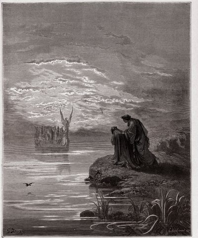 İlahi Komedya (La Divina Commedia, La Divine Comedie), Araf, Canto 2: Dante melek pilotun önünde eğiliyor - Dante Alighieri (1265-1321) - Çizim Gustave Dore (1832-1883) by Gustave Dore