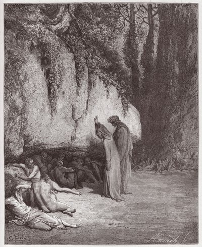 İlahi Komedya (La Divina Commedia, La Divine Comedie), Purgatorio, Canto 4: Kayanın Yanındaki Tembel ruhlar - Dante Alighieri (1265-1321) - Çizim Gustave Dore (1832-1883) by Gustave Dore