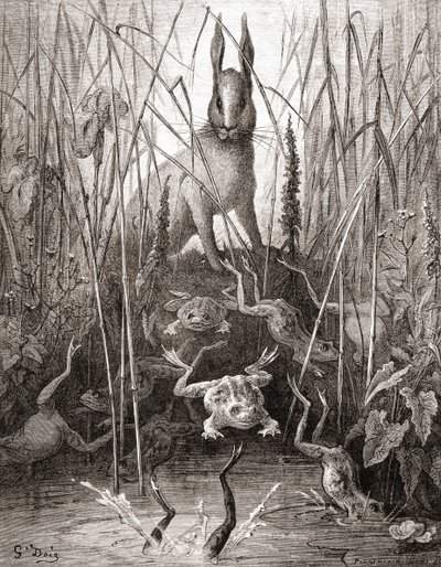 Tavşan ve Kurbağalar, 19. yüzyıl sonlarında Fables de La Fontaine baskısından (ahşap gravür) by Gustave Dore