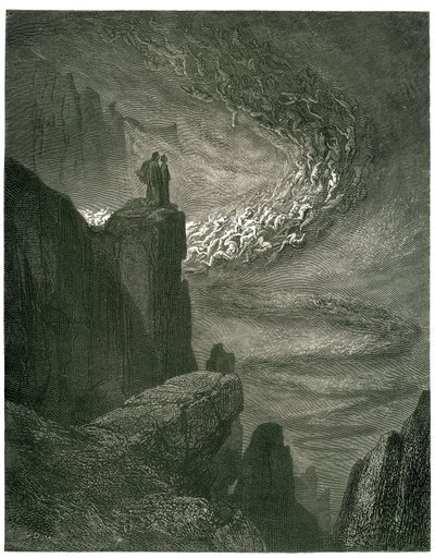 Gustave Dore tarafından resmedilen Dante Alighieri'nin Cehennemi (İlahi Komedya). 1861'in Fransızca baskısı. “Asla devam etmeyen cehennem fırtınası / Soygunuyla ruhları yener. (Hiç durmayan cehennem kasırgası, kasırgasına ruhları çeker)”, by Gustave Dore