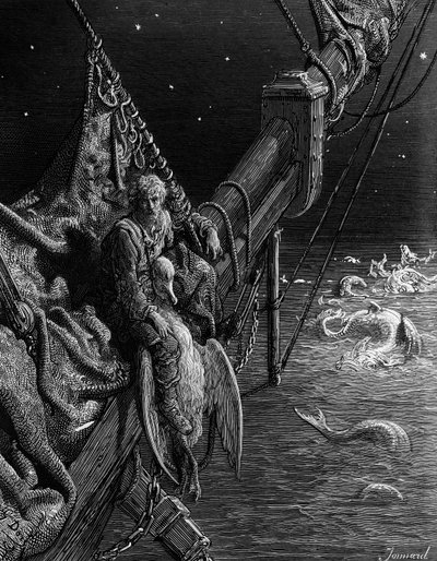 Denizci, okyanustaki yılanlara bakar, S.T. Coleridge, Harper und Brothers tarafından yayınlandı, New York, 1876 (ahşap gravür) by Gustave Dore