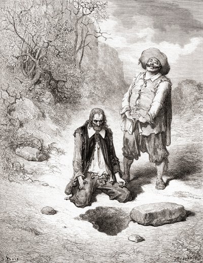 Hazinesini Kaybeden Cimri, 19. yüzyıl sonlarında Fables de La Fontaine baskısından (ahşap gravür) by Gustave Dore