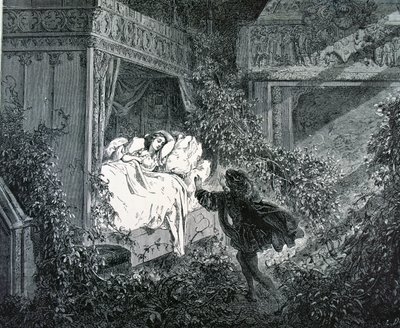 Prens, büyülü kalede Prenses'in yatak odasına giriyor, Charles Perrault'nun (1628-1703) 'Uyuyan Güzel' çizimi by Gustave Dore