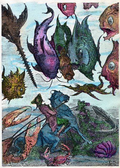 Atının üzerindeki baron deniz dibindeki balıkları geçiyor. Rudolph Erich Raspe