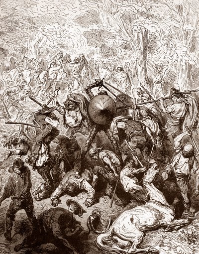 Miguel de Cervantes'in (1547-1616) "The Ingenieux Hidalgo Don Quixotte de la Manche (Quixotte - Quijote)" adlı eseri için Gustave Dore'nin (1832-1883) Yanguas Gravüründe katırcılarla mücadele (1547-1616) 1863 Özel koleksiyon by Gustave Dore