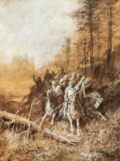 Şövalyelerin yürüyüşü, bir dizi şiir için illüstrasyon, Kral İdilleri, Albert Tennyson (1809-1892), suluboya Gustave Dore