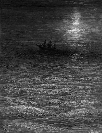 Mehtaplı bir denizde mahsur kalan gemi, S.T. Coleridge, Harper und Brothers tarafından yayınlandı, New York, 1876 (wwod gravürü) by Gustave Dore