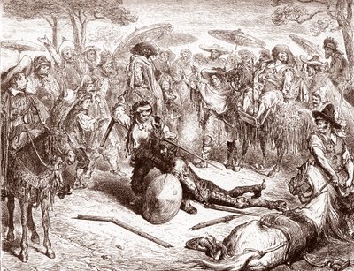Toledo tüccarları, katır sürücülerinden birinin Miguel de Cervantes'in (1547-1616) "The Ingenieux Hidalgo Don Quixote Quixote" (1547-1616)) için Gustave Dore'un (1832-1883) Don Kişot Gravürünü yenmesine bakıyorlar. by Gustave Dore