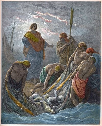 Mucizevi balık çekimi - Mucizevi Balıkçılık - - Gustave Dore (1832-1883) “The Bible illustree”deki gravür - “The Dore Bible”dan gravür by Gustave Dore