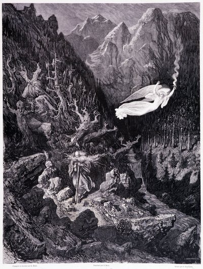 Elinde çantası ve sopasıyla düşman bir arazide yürüyen yaşlı adamın tepesinde, ateş hızıyla sallayan bir melek var, Levha VII - Gustave Dore