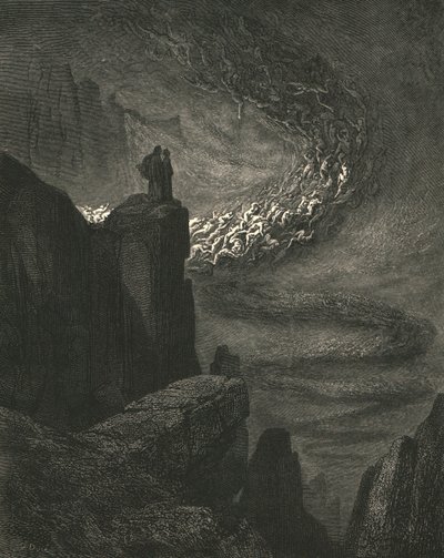 Huzursuz bir öfkeyle cehennemin fırtınalı patlaması ruhları harekete geçirir, c1890. by Gustave Dore