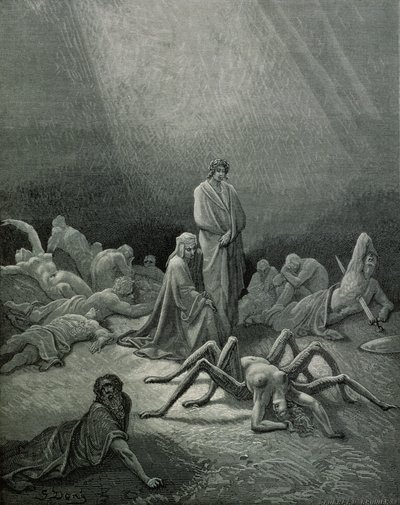 Virgil (MÖ 70-19) ve Dante örümcek kadına bakıyor, Dante Alighieri (1265-1321) tarafından 
