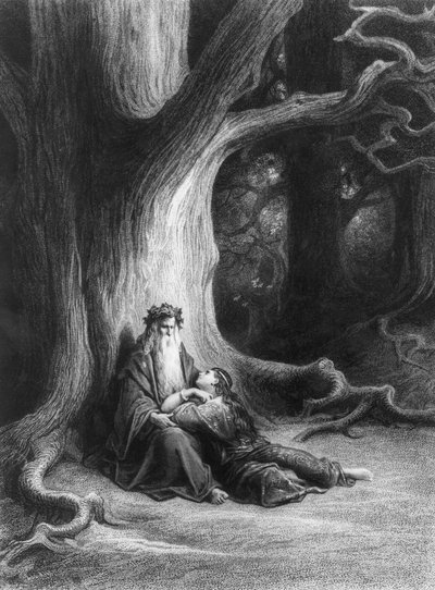 Büyücü Merlin ve Broceliande ormanındaki peri Vivien. Alfred Tennyson'ın "Vivien" şiirinden uyarlanmıştır (Verlag Hachette tarafından yayınlanmıştır, Paris, 1868) by Gustave Dore