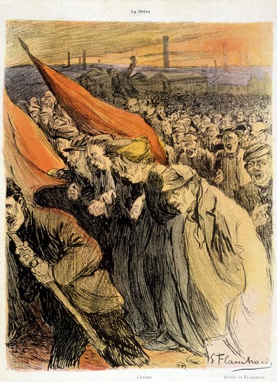 Kırmızı bayraklı kavisli kalabalık, “” La Grève”, Flaschoën, deb. 20. s. by Gustave Flasschoen