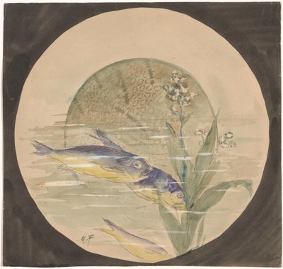 Bir su bitkisinin yakınında yukarı doğru yüzen üç mavi-sarı balıklı bir tabak için tasarım by Gustave Fraipont (signed by artist)