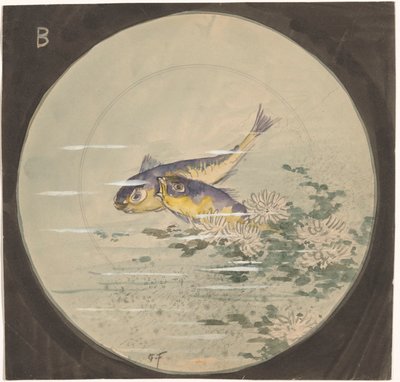 Nilüferlerin yanında iki mavi-sarı balık bulunan bir tabak için tasarım by Gustave Fraipont (signed by artist)