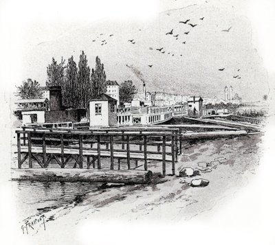 Paris'te Seine nehri üzerinde su otobüsleri (banliyö tekneleri) onarım atölyeleri Gustave Fraipont'un (1849-1923) çizimi, Saint-Judges'ın “La seine a travers Paris”inden alıntılar by Gustave Fraipont