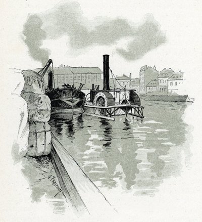 Paris, La Villette limanında demirleyen tekneler (Paris, La Villette limanındaki tekneler) Gustave Fraipont'un (1849-1923) çizimi, Saint-Juirs'in “La seine a travers Paris”inden alıntılar by Gustave Fraipont
