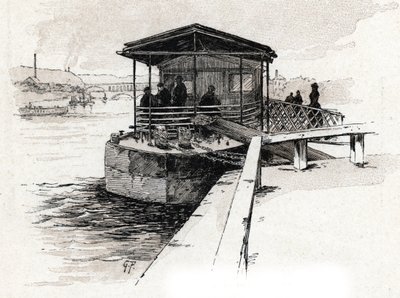 Embarcadere des Bateaux-mouches (Bateaux-mouches) sur la Seine, Paris (Seine nehri üzerindeki turist tekneleri iskelesinin görünümü, Paris) Gustave Fraipont'un (1849-1923) çizimi, Saint-Juirs'in “” La seine a travers Paris ” by Gustave Fraipont