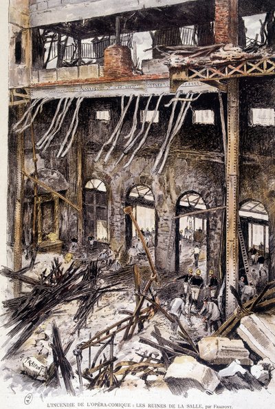 Fraipont tarafından yangının ardından opera comique de Paris odasının kalıntılarında çalışan itfaiyeciler by Gustave Fraipont
