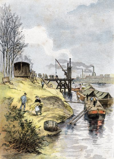 Paris, Bercy rıhtımında arabalara elma yükleyen liman işçileri Gustave Fraipont'un (1849-1923) çizimi, Saint-Juirs'in “La seine a travers Paris”inden alıntılar by Gustave Fraipont