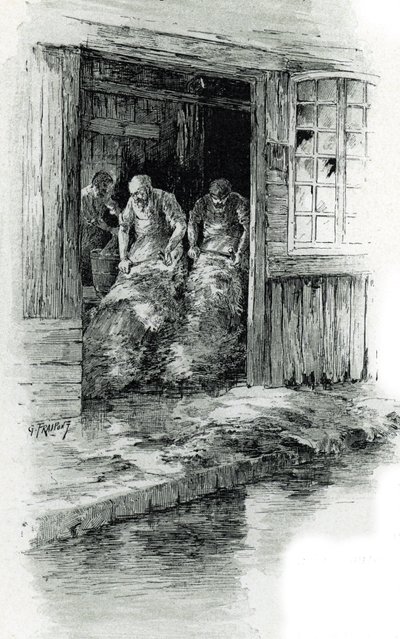 Paris'teki Megissiers de la rue des gobelins (Rue des Gobelins'de deri ve hayvan derileri işleyen tabakçılar, Paris) Gustave Frainpont'un (1849-1923) çizimi, Saint-Juirs'in “La seine a travers Paris”inden alınmıştır. by Gustave Fraipont