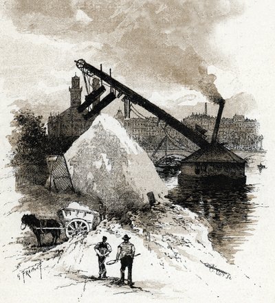 Paris pont de l'Alma yakınlarındaki Seine nehri kıyısındaki kum sınıflandırıcıları Gustave Fraipont'un çizimi (1849-1923), Saint-Juirs'in “La seine a travers Paris”inden alıntı by Gustave Fraipont