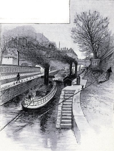 Hotel des Monnaie'nin önünde Seine nehri üzerindeki kilidin römorkörleri, Paris Saint-Juirs'tan Gustave Fraipont'un (1849-1923) çizimi by Gustave Fraipont
