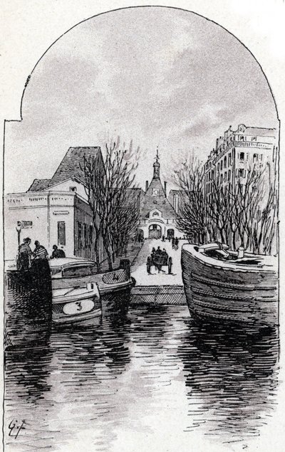 Paris'teki Saint-Louis Hastanesi'nin canal Saint-Martin, Paris'ten görünümü Gustave Fraipont'un (1849-1923) çizimi, Saint-Juirs'in “” La seine a travers Paris””inden by Gustave Fraipont