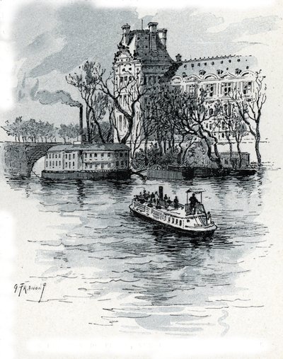 Quai Voltaire, Paris'ten Pavillon de Flore, Palais du Louvre'un görünümü (Paris Quai Voltaire'den Louvre sarayının Pavillon de Flore bölümünün görünümü) Saint-Juirs'den Gustave Fraipont'un (1849-1923) çizimi by Gustave Fraipont