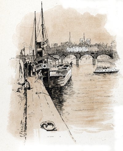 Tekneleri Paris ve Londra'yı birbirine bağlayan Seine et Thames şirketinin görünümü Gustave Fraipont'un (1849-1923) çizimi, Saint-Juirs'in “La seine a travers Paris”inden çiziyor by Gustave Fraipont