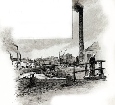Temizlik döneminde Saint-Martin kanalının kurumuş nehir yatağının görünümü Gustave Fraipont'un (1849-1923) çizimi, Saint-Juirs'in “La seine a travers Paris”inden alıntılar by Gustave Fraipont