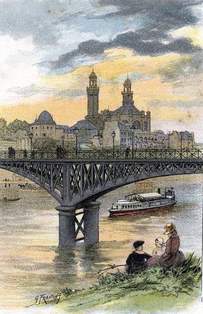 Paris'teki Passy yaya köprüsünün (şimdiki Bir Hakeim köprüsü) görünümü Saint-Juirs'tan Gustave Fraipont'un (1849-1923) çizimi by Gustave Fraipont