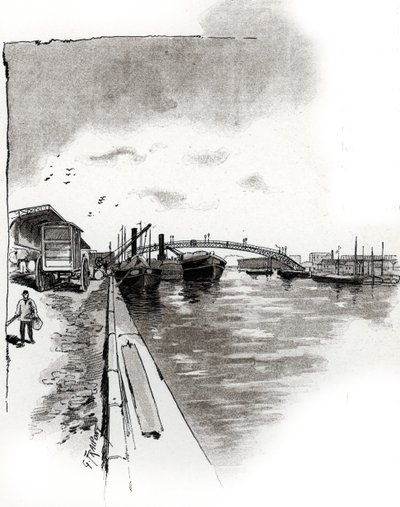 Canal de la Villette yaya köprüsünün görünümü, Paris (Canal de la Villette Yaya Köprüsü, Paris) Gustave Fraipont'un (1849-1923) çizimi, Saint-Juirs'in “La seine a travers Paris”inden alınmıştır. by Gustave Fraipont
