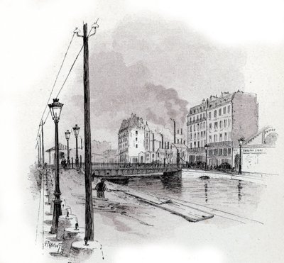 Saint Martin kanalındaki Valmy rıhtımı köprüsünün görünümü, Paris Saint-Juirs'tan Gustave Fraipont'un (1849-1923) çizimi by Gustave Fraipont
