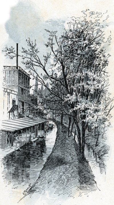 Paris Boulevard d'Italie'den iki Bievre nehrinin görünümü Gustave Fraipont'un (1849-1923) çizimi, Saint-Juirs'in “La seine a travers Paris”inden alıntı by Gustave Fraipont