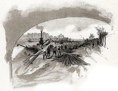 dechargement du fer sur le quai Saint Bernard a Paris (Paris'teki Saint-Bernard rıhtımında, Seine nehri kıyısında liman işçileri tarafından boşaltılan demir bloklar) Gustave Fraipont'un (1849-1923) çizimi, "La seine a travers Paris"ten al by Gustave Fraipont