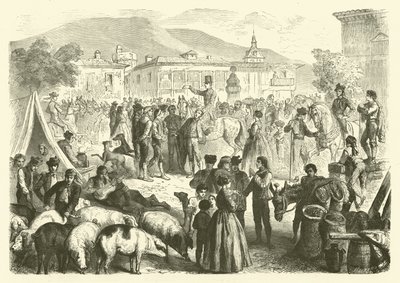 Alcala kasabasının yıllık fuarı, İspanya (gravür) by Gustave Janet
