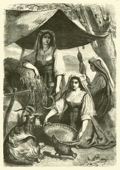 Yol kenarında arabacılara saman satan kadınlar, İtalya (gravür) by Gustave Janet