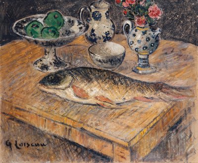 Balık, Çiçek ve Elmalı Natürmort; Balık, Çiçek ve Elma ile Natürmort, by Gustave Loiseau
