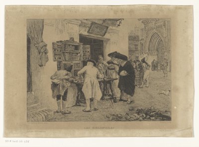 Adamlar bir kitapçı Les Bibliophiles'in (nesne üzerindeki başlık) sergisinin etrafında toplandılar. by Gustave Marie Greux