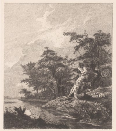 Bir ağaç kütüğünün yanında dinlenen bir çobanla nehir manzarası by Gustave Marie Greux