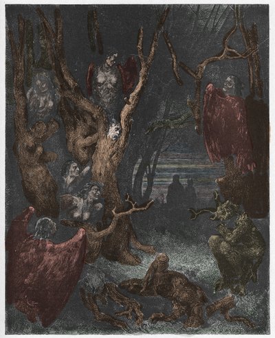 Inferno, Canto 13: Sjálfsvígin flýja skóginn, mynd úr The Divine Comedy eftir Dante Alighieri, 1885 (stafrænt litað leturgröftur) i by Gustave after Dore